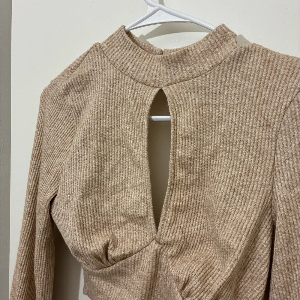 Windsor Tan Ribbed long sleeve Tie Back Crop Top SZ S NWT - Picture 2 of 4
